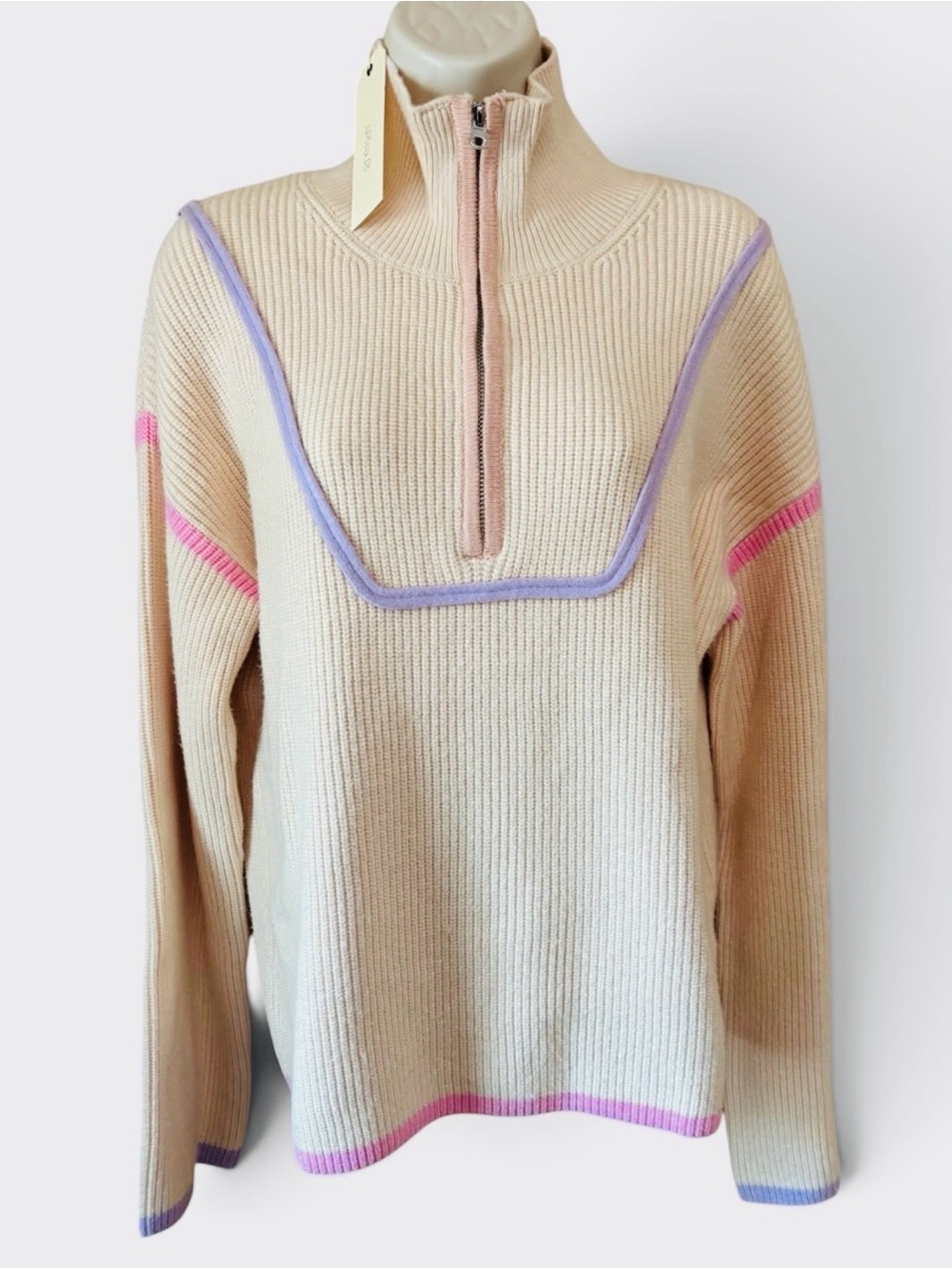 Greige Rib Knit Quarter Zip Mock Neckline Cream Pastel Piping Apres Sweater NWT